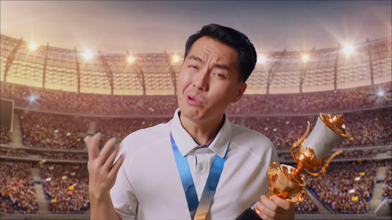 금메달을  아시아 남자가 경기장에서 트로피를 의심스럽게 바라보고 있다.