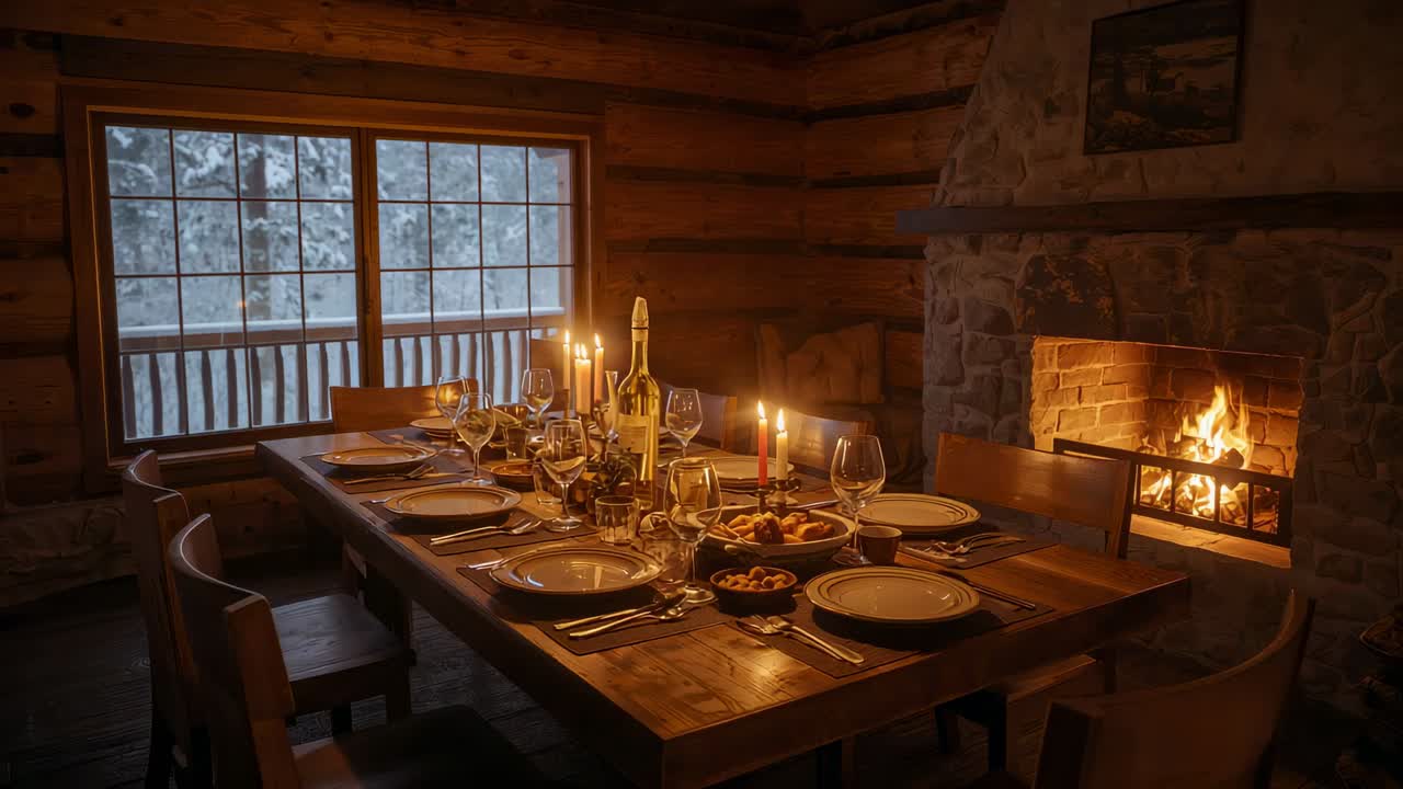 Flickering fireplace and candlelight casting glints on wooden dining table in cabin for meal