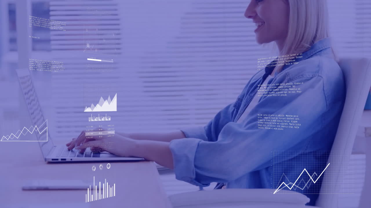 Animation of financial data processing over caucasian businesswoman using laptop in office