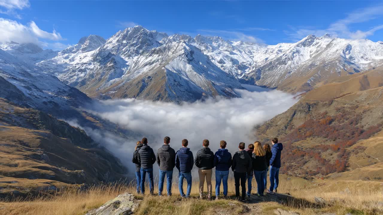 A group of friends gathered in awe at the mountain top, gazing down at a breathtaking valley shrouded in mist, surrounded by stunning peaks reaching towards the sky