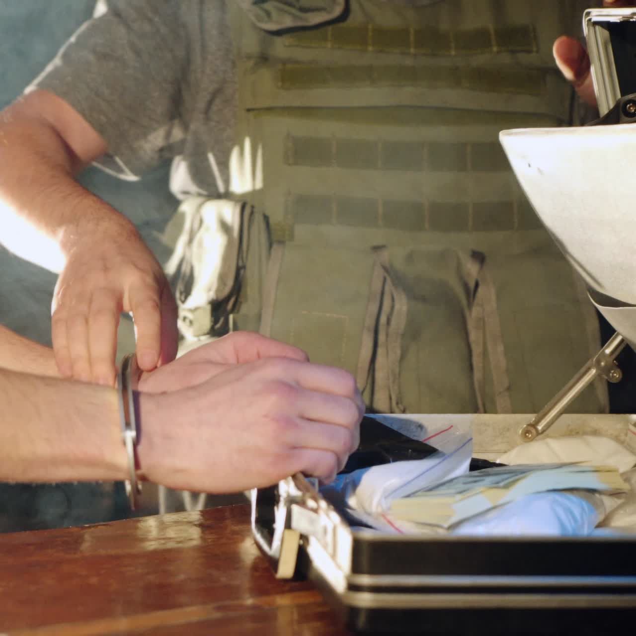 policeman are putting handcuffs on a drug dealer. Criminal in handcuffs. Illegal drug trafficking