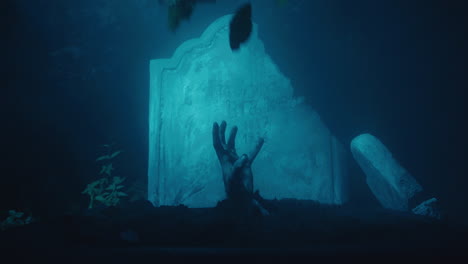 hand sticking out from tomb, tombstone in moonlight and waving branches, horror halloween atmosphere