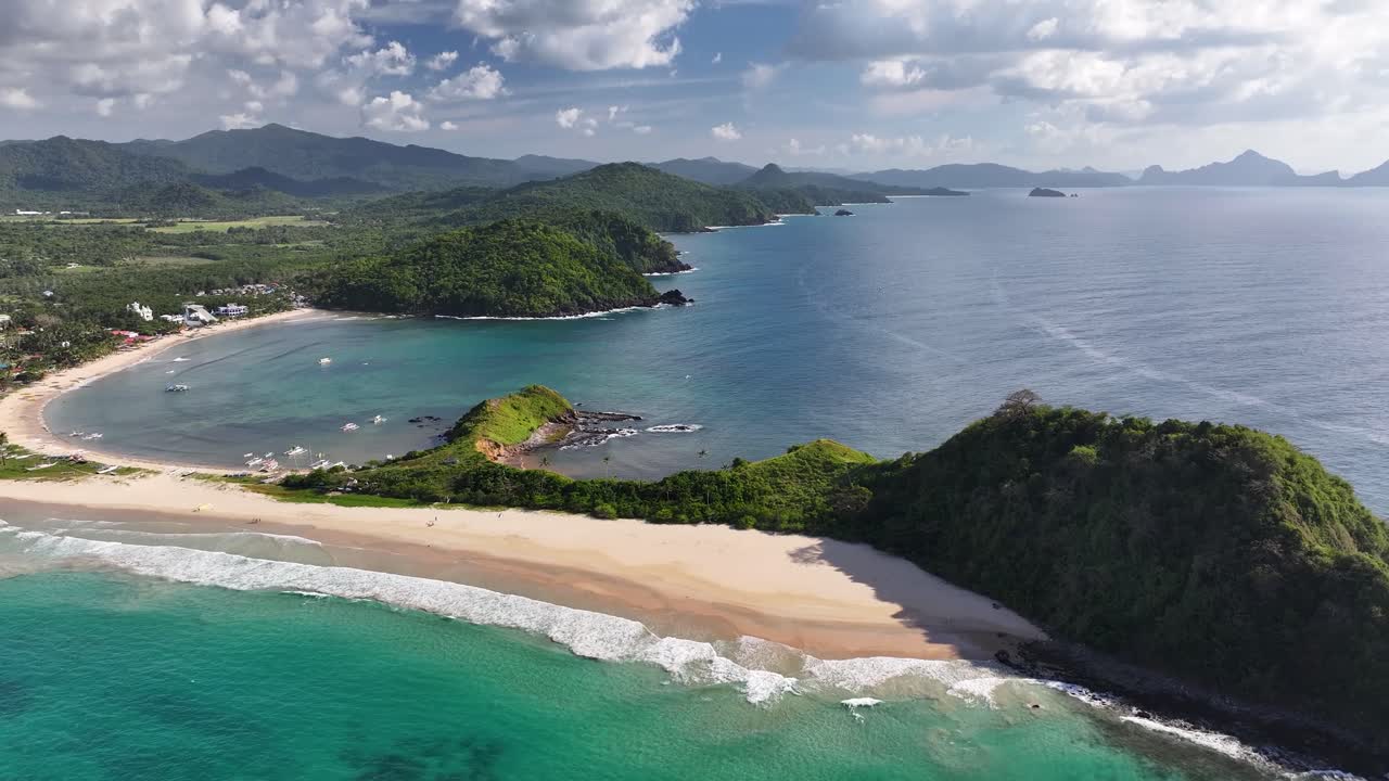 Beautiful Nacpan beach and coastal of Palawan, aerial sunny day in Philippines, travel.
