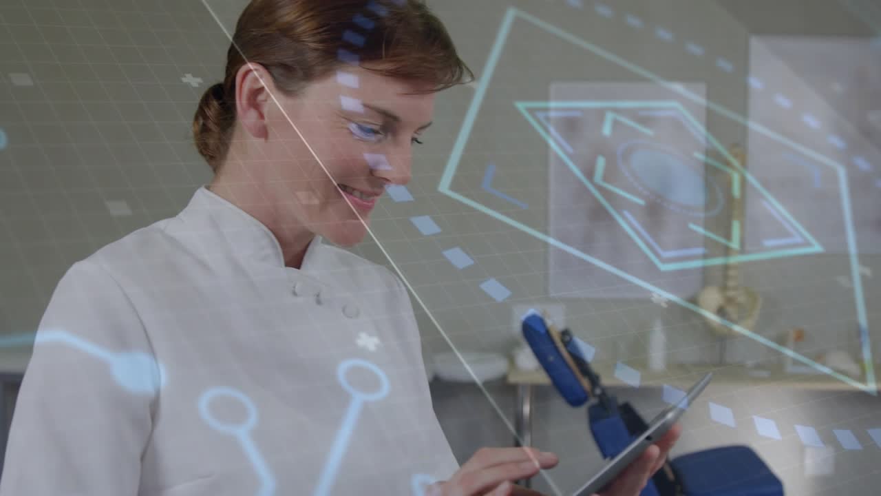 Female clinician tapping tablet and summoning holo UI around tablet, reviewing patient data