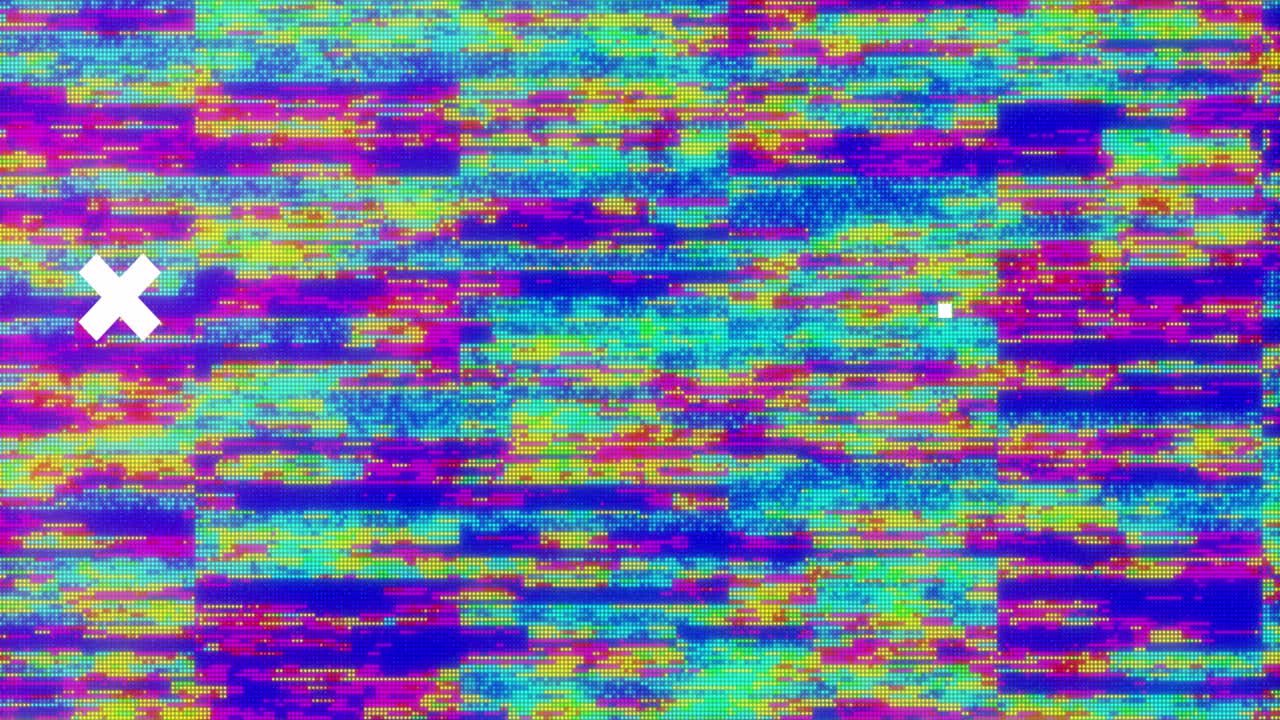 animación de cruces blancas sobre el procesamiento de datos, pantalla multicolor y patrón en movimiento