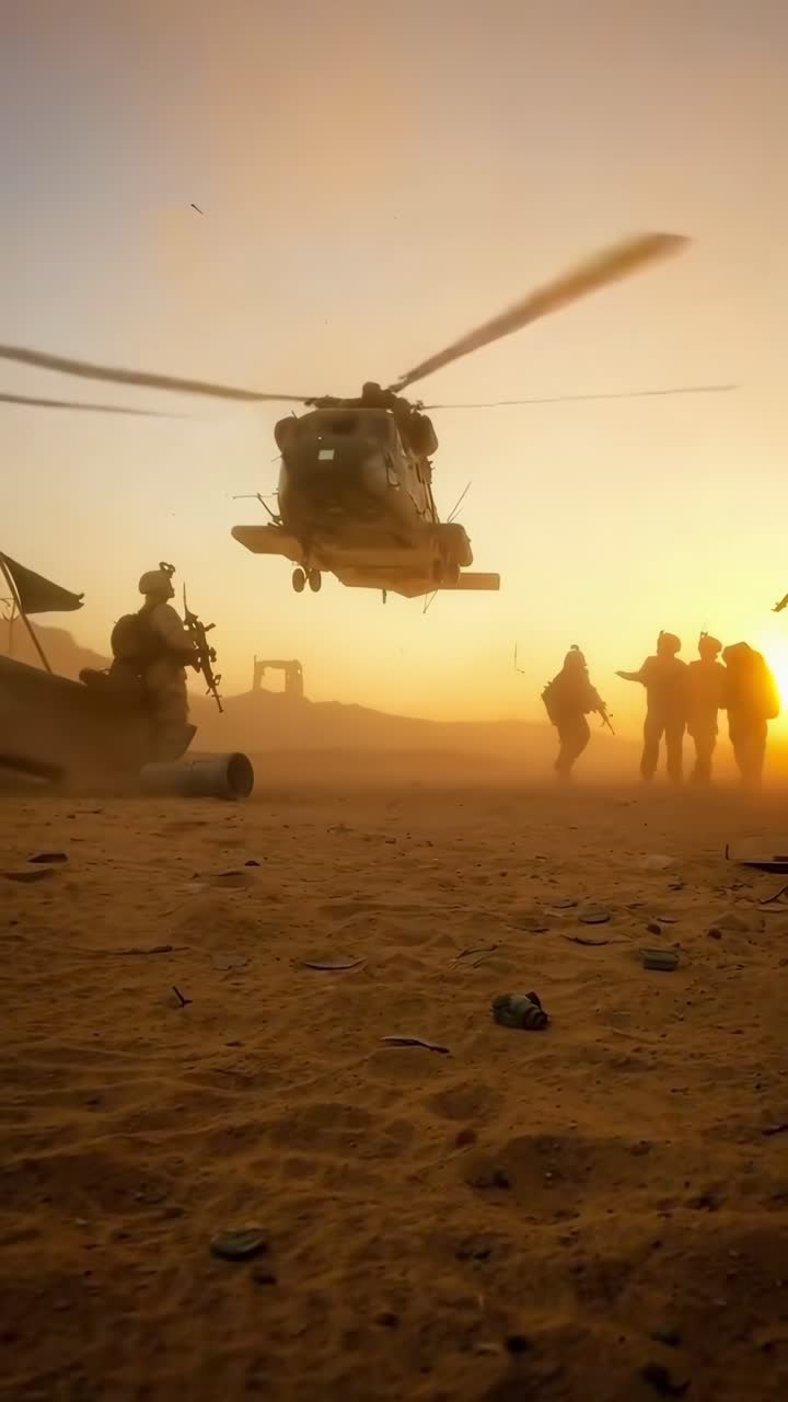 Soldati militari ed elicottero in un deserto polveroso al tramonto