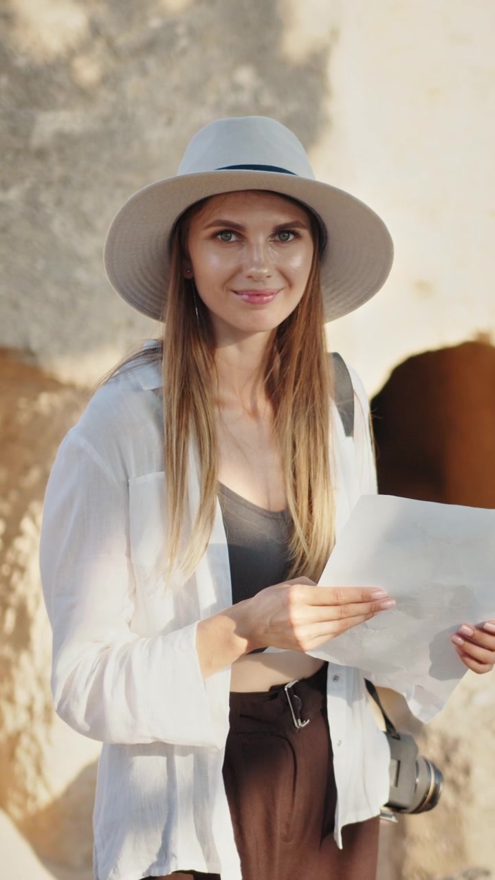 A woman wearing a hat and holding a map looking at the camera she is wearing a white shirt and brown