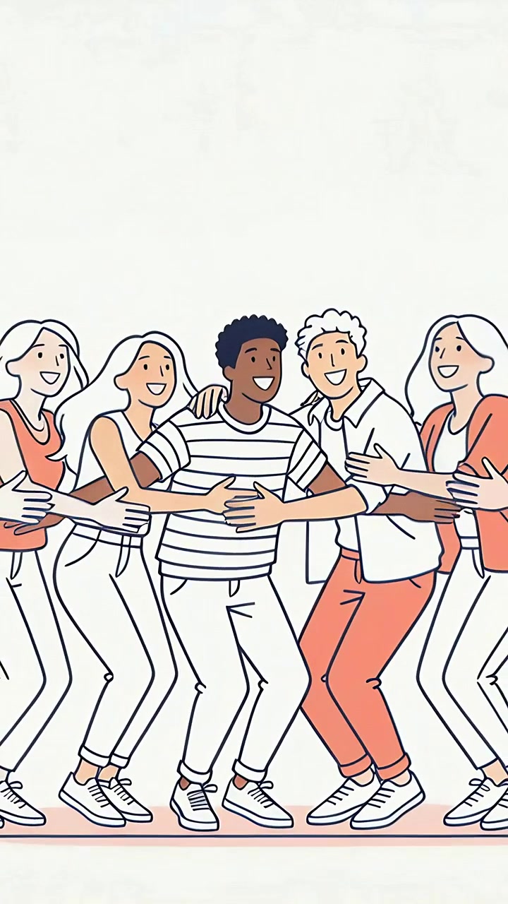 Vertical video: Cheering group starting jump and hugging man in striped tee on pink line