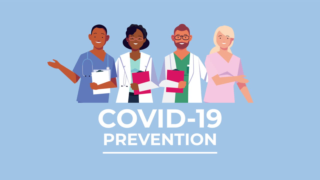 인종 간 전문가, 의사, 직원 및 covid-19 글자 애니메이션
