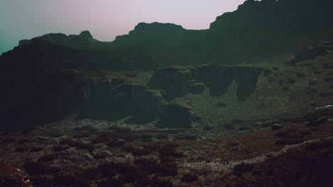 a scenic view of rocky mountains and a grassland