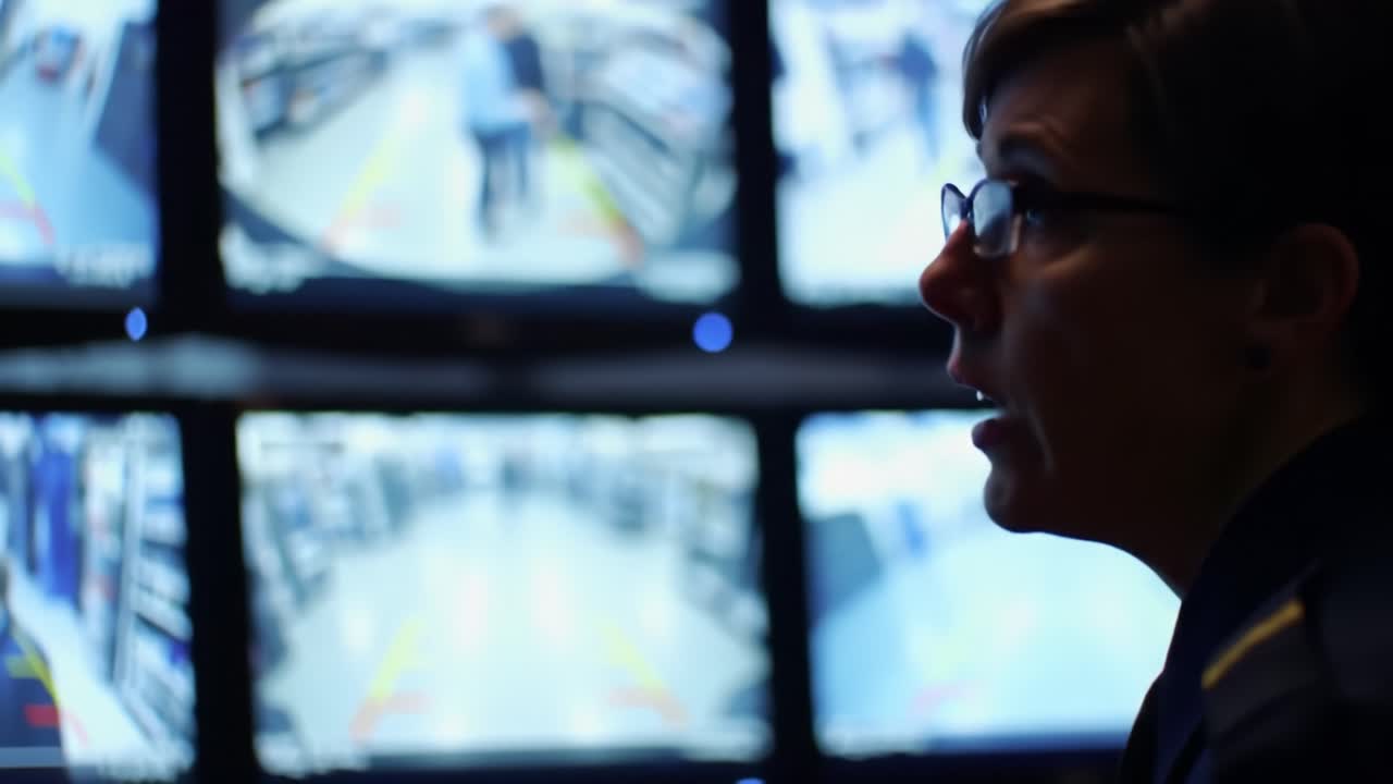 An individual oversees multiple surveillance screens in a retail store during the evening, ensuring safety and monitoring customer activity throughout the aisles.