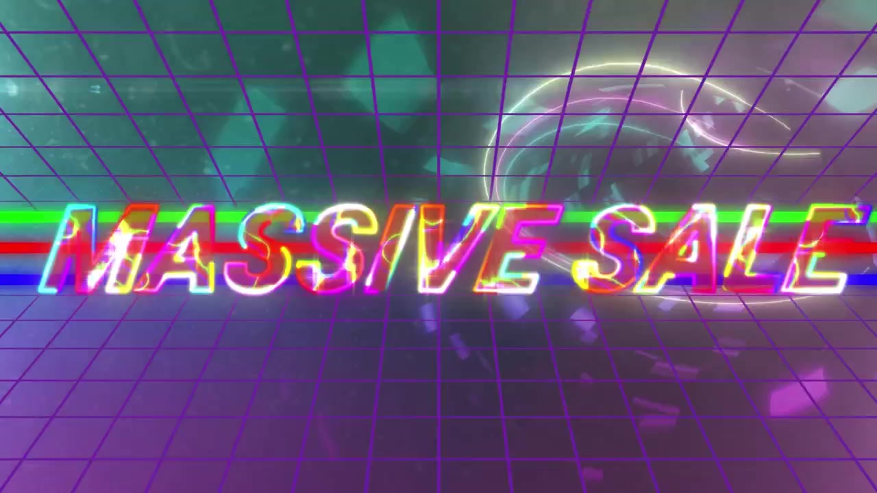 Animation af stor udsalgstekst over en digital tunnel.