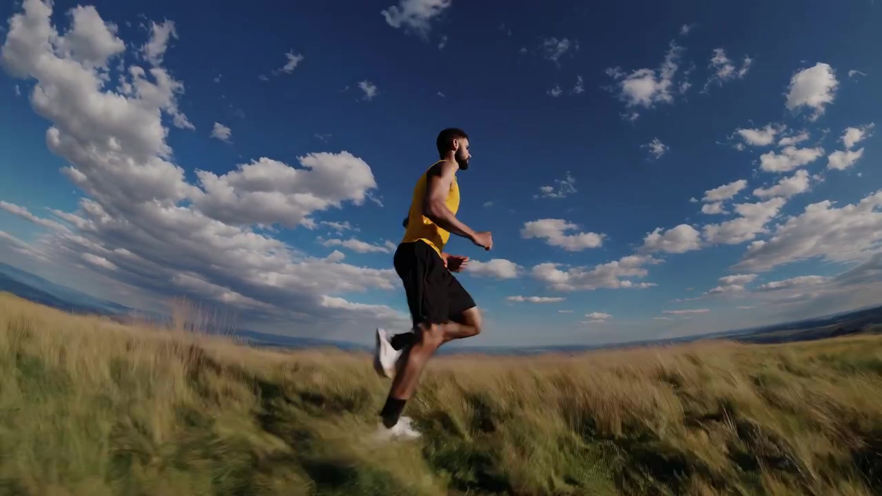 Athletic Man Running Through Grassy Field Under Blue Sky