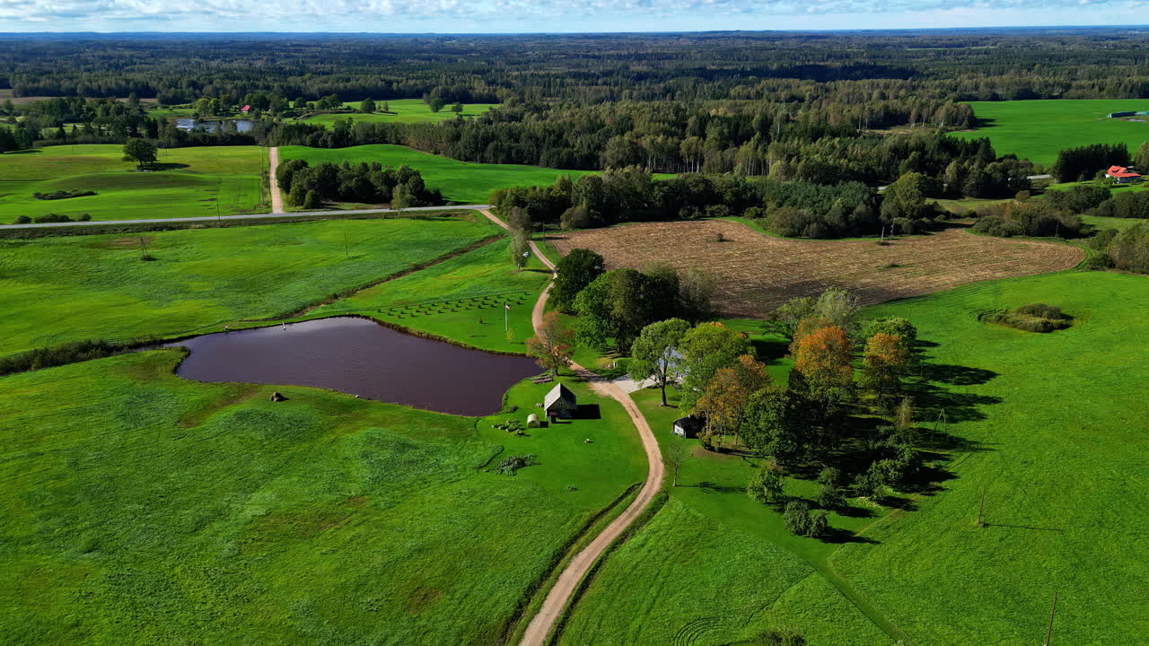 Ilmakuva-aikaviive hirsitalosta, maaseudun maatalosta, järvestä ja lammesta luonnonmaisemassa.