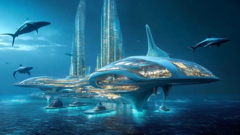 underwater futuristic city with dolphin