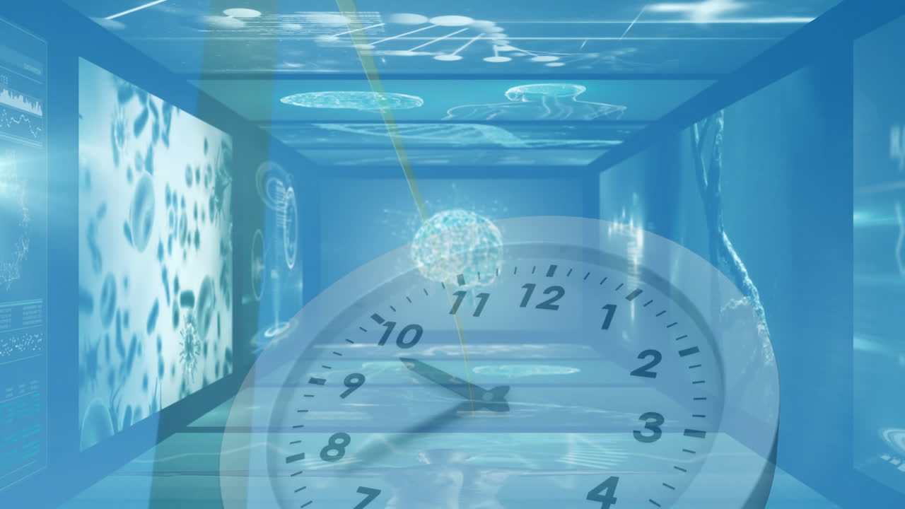 Clock face with animation over abstract blue background with digital elements