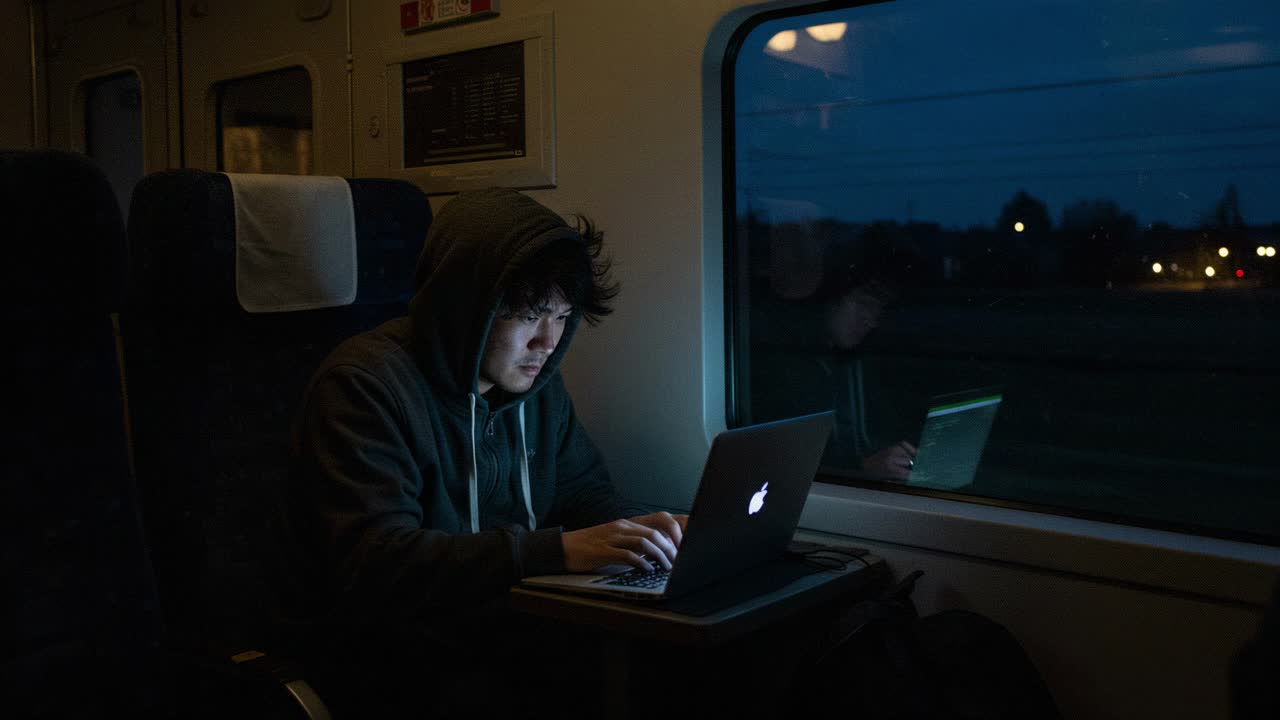 A person is focused on their laptop inside a dimly lit train during nighttime travel, with vibrant city lights twinkling outside the window