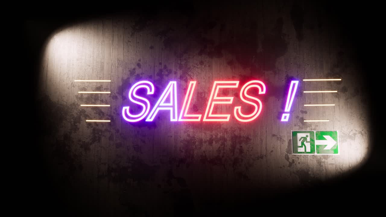 콘크리트 벽에 판매 네온 사인, 온통 균열과 먼지, 출구 표지판, 색이 변하는 네온 문자, 3d 애니메이션 카메라가 천천히 축소됩니다.