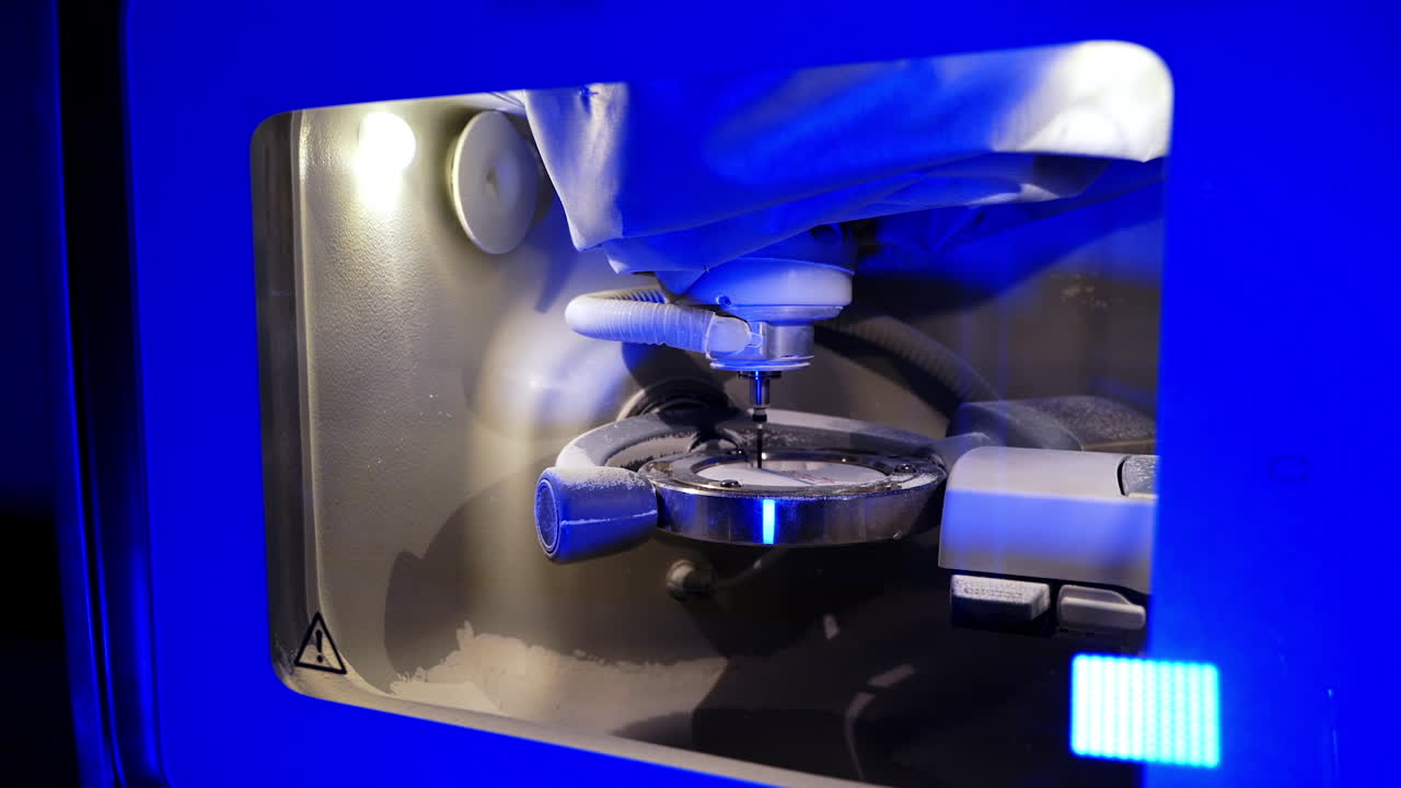 Work of the dental milling machine. Professional CNC dental milling machine carving out shape of artificial teeth in the dental lab