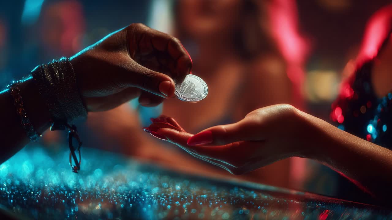 An Intimate Exchange at the Bar: A Close-Up of a Hands Holding a Coin in a Vibrant Nightlife Setting, Highlighting the Connection and Interaction Between Individuals