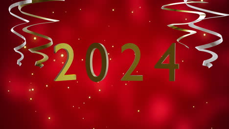 animación de texto de 2024, corrientes doradas y plateadas en fondo rojo