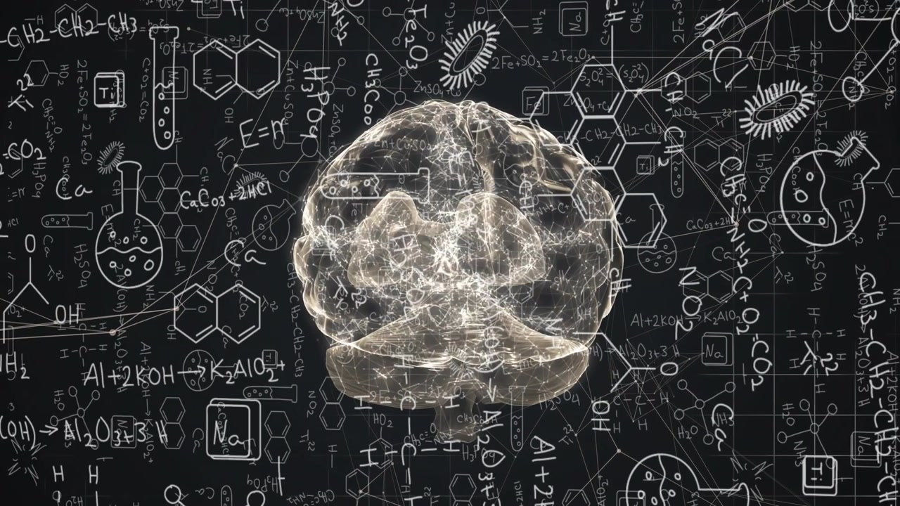 3D neural brain model appearing on chalkboard formulas rotating and pulsing to visualize chemistry