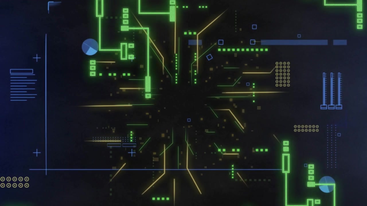Core activating centered, circuit network extending neon traces, bursting collapsing showing data