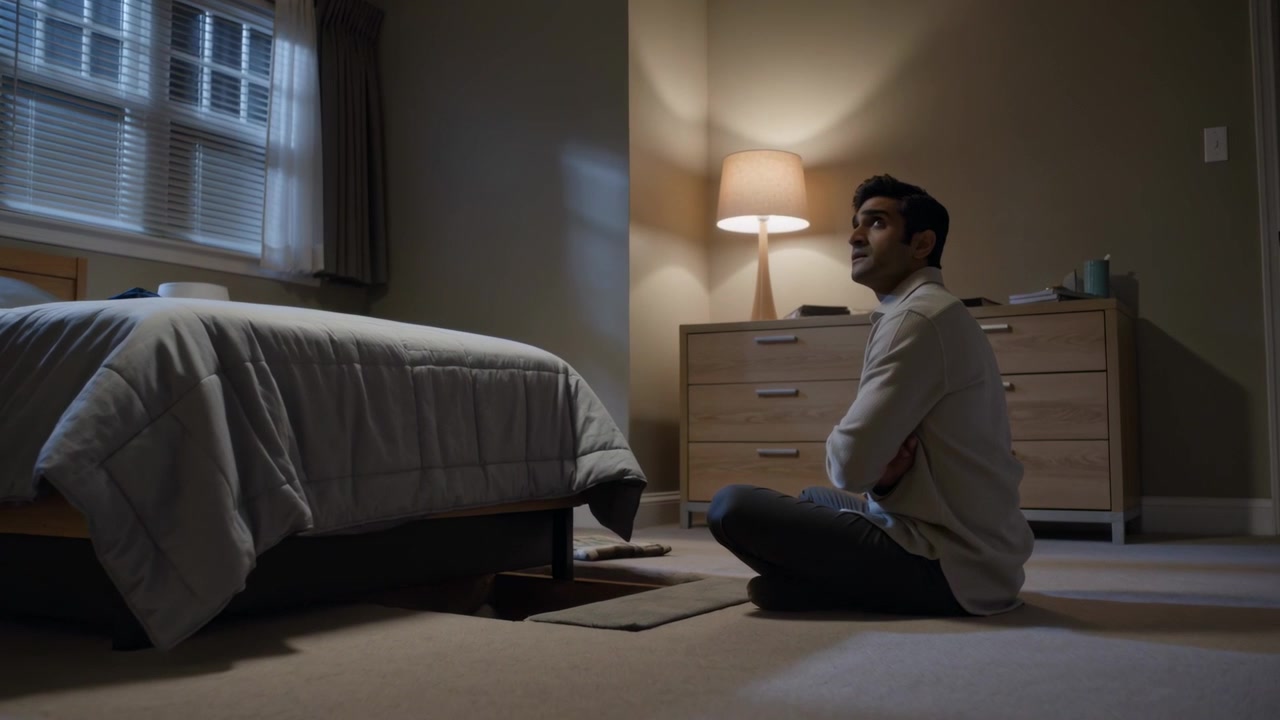 Sitting man at foot of bed wearing light shirt, dark pants, tracking upward gaze, copy space