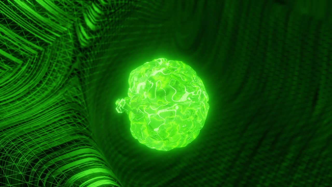 Glowing green human brain above abstract digital mesh background. Artificial intelligence and neural network concept. Design for banner, poster, wallpaper, vertical