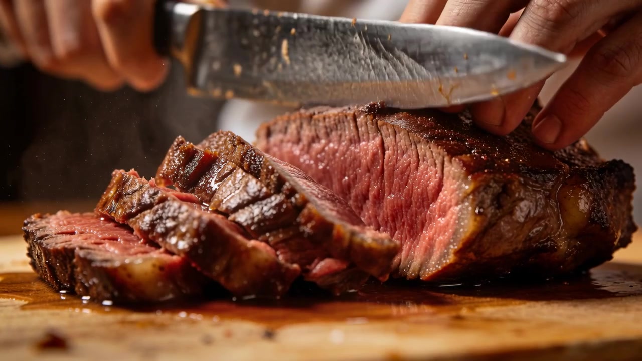 Lowering chef's knife, chef in light coat carving medium-rare steak on board in kitchen for serving