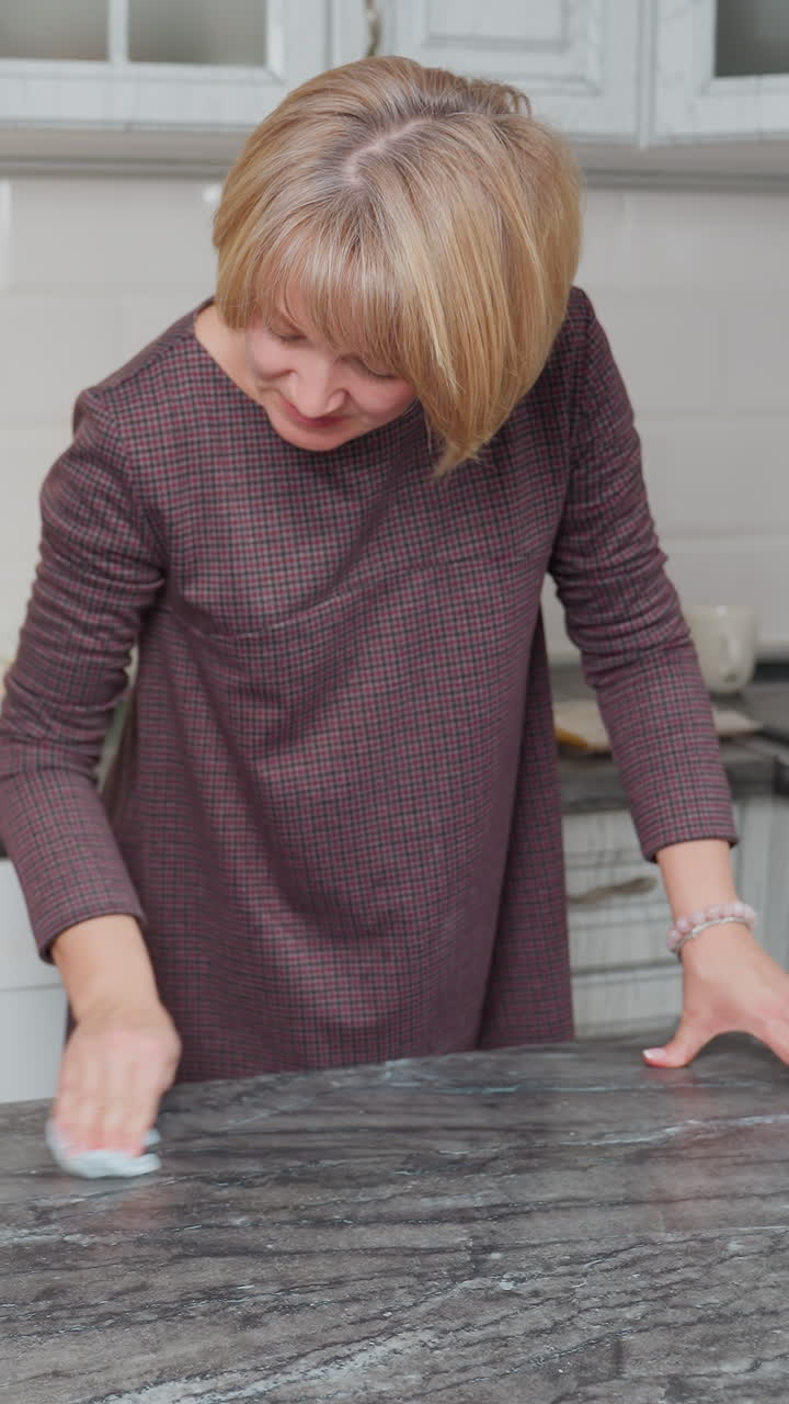 mujer limpia a fondo la encimera con un trapo en la cocina moderna, asegurando la higiene y el orden, los equipos de cocina bien dispuestos en el fondo