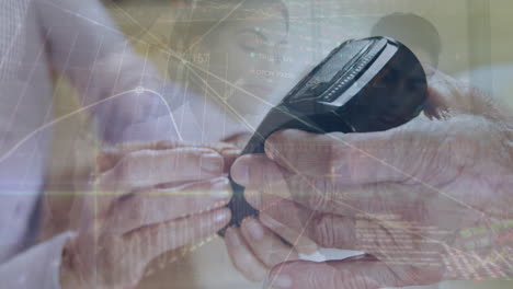 animación del procesamiento de datos financieros sobre personas que usan teléfonos inteligentes y terminales de pago