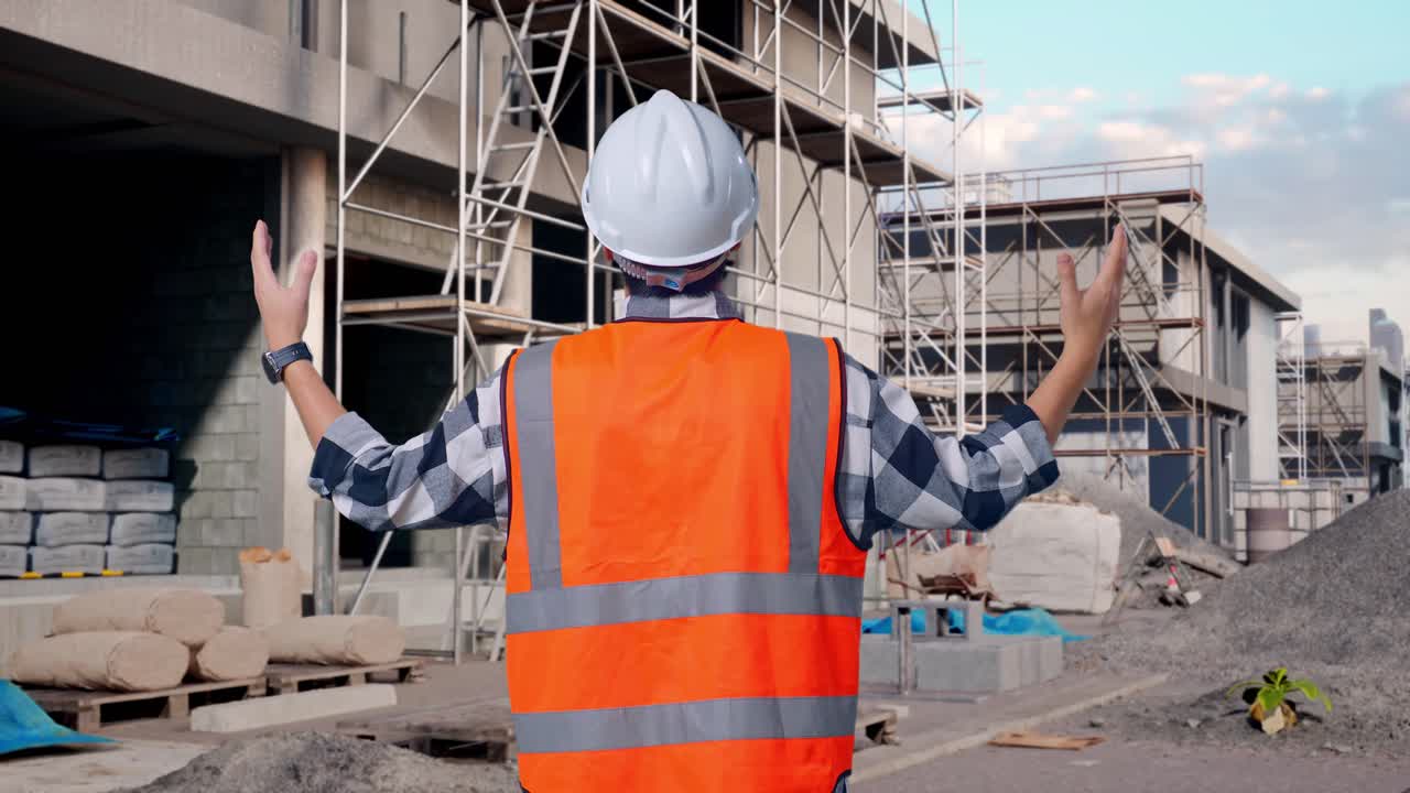 Back View Of A Male Engineer With Safety Helmet Spreading Arms While Standing At Building & Construction Site in Progress to New House