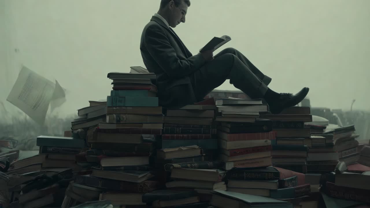 A man in a suit reads atop a pile of books, with a vintage filter