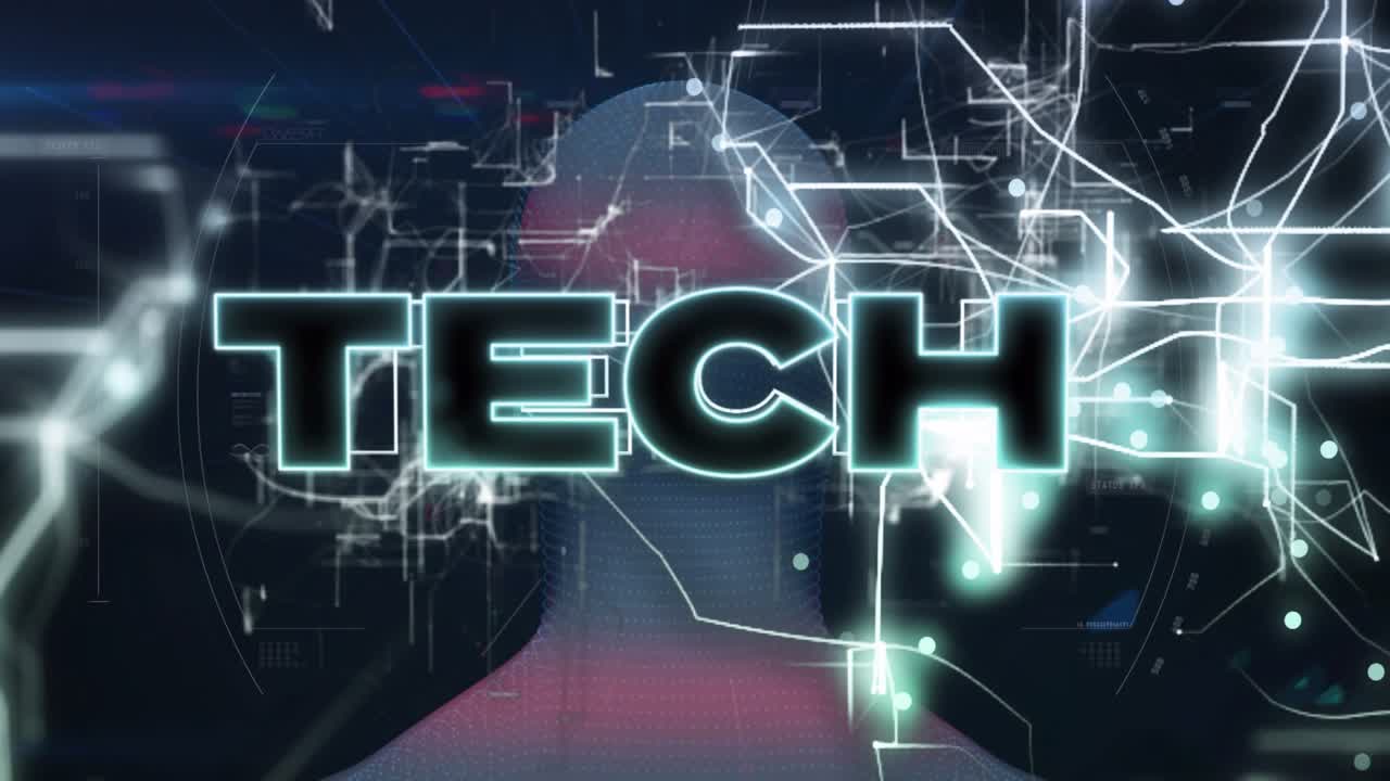 Circuits intensifying toward head and TECH letters forming, showing data pulsing