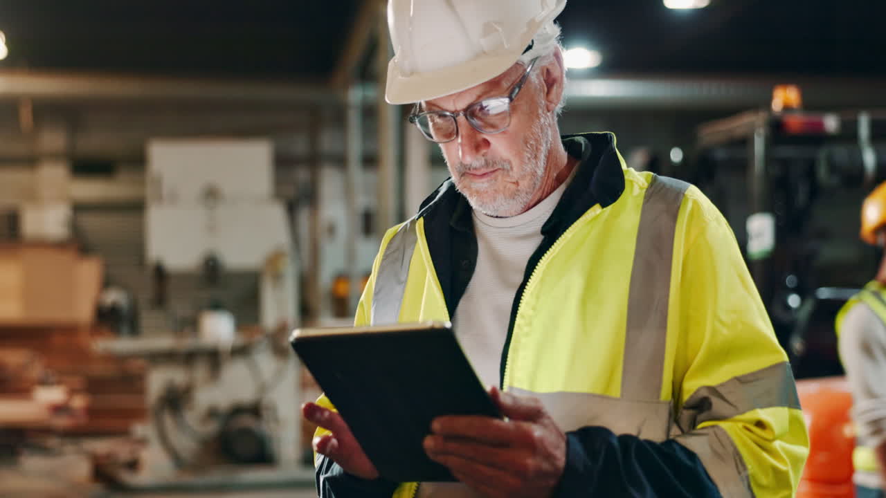 trabajador de la construcción usando una tableta