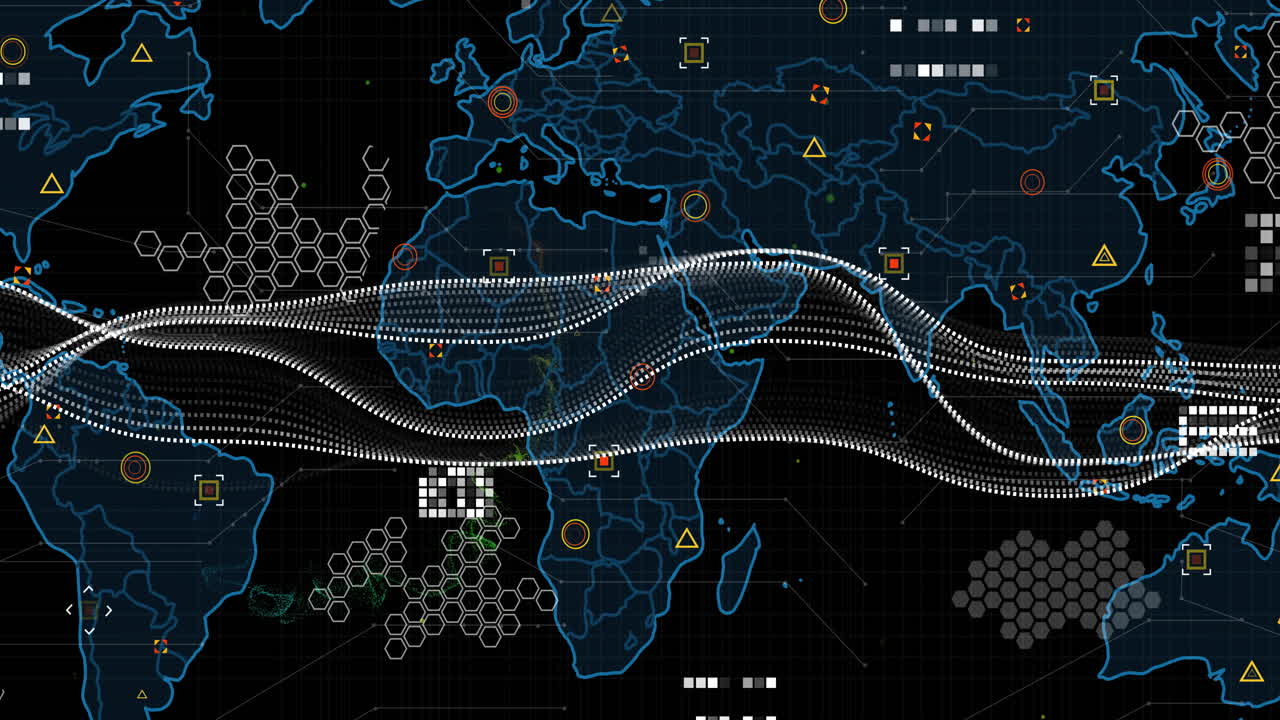 Neon-blue world map being animated in dark dashboard, with flowing data streams and geometric icons