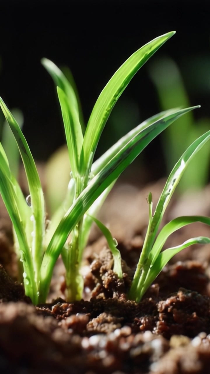 Germogli d'erba verde vibrante che emergono da terreno scuro e fertile, a dimostrazione del rinnovamento e della crescita della natura in primo piano, con gocce di rugiada che esaltano la bellezza naturale della vita.