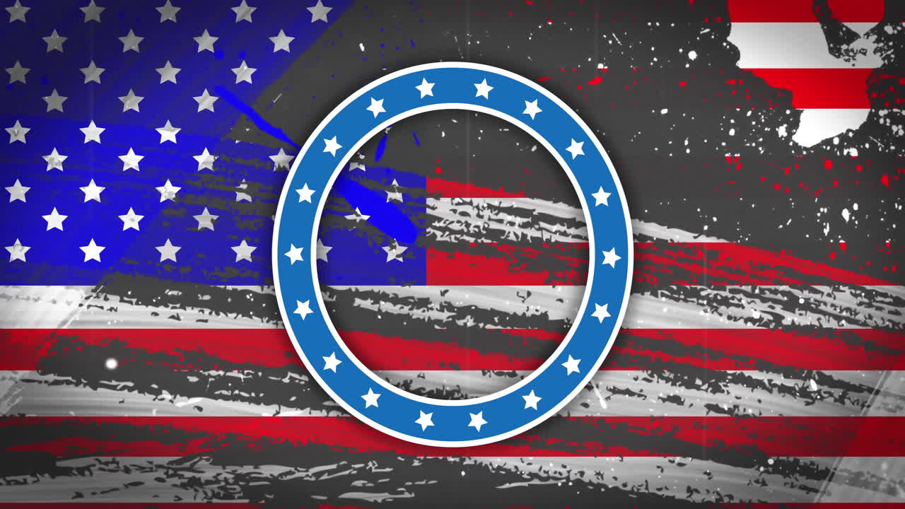 Animation of circle with stars over interference and flag of usa on black background