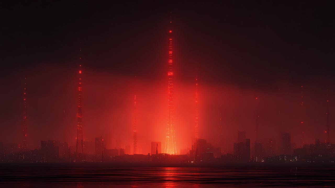 Apocalyptic red glow emanating from a futuristic city skyline over the water at night. This surreal, cyberpunk landscape evokes a sense of doom, fantasy, and advanced technological power