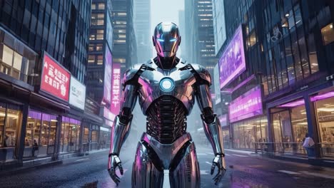 iron man robot in futuristic cityscape