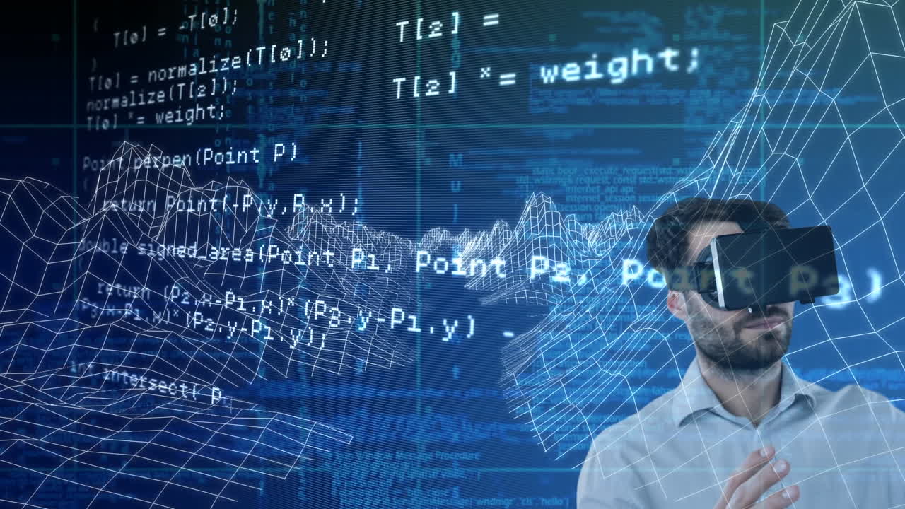 Caucasian man wearing vr headset over data processing and 3d mountains structures on blue background