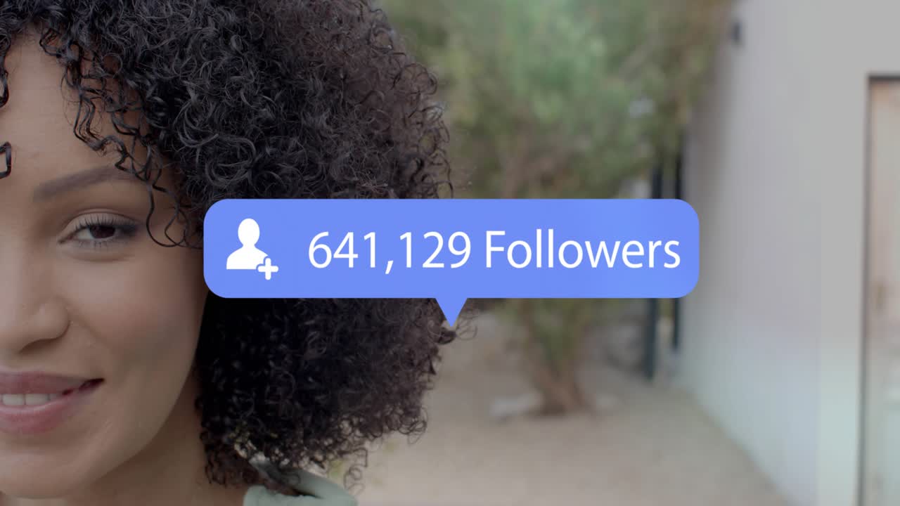 Creator smiling at lens while follower bubble sliding in, rising counts showing social media growth