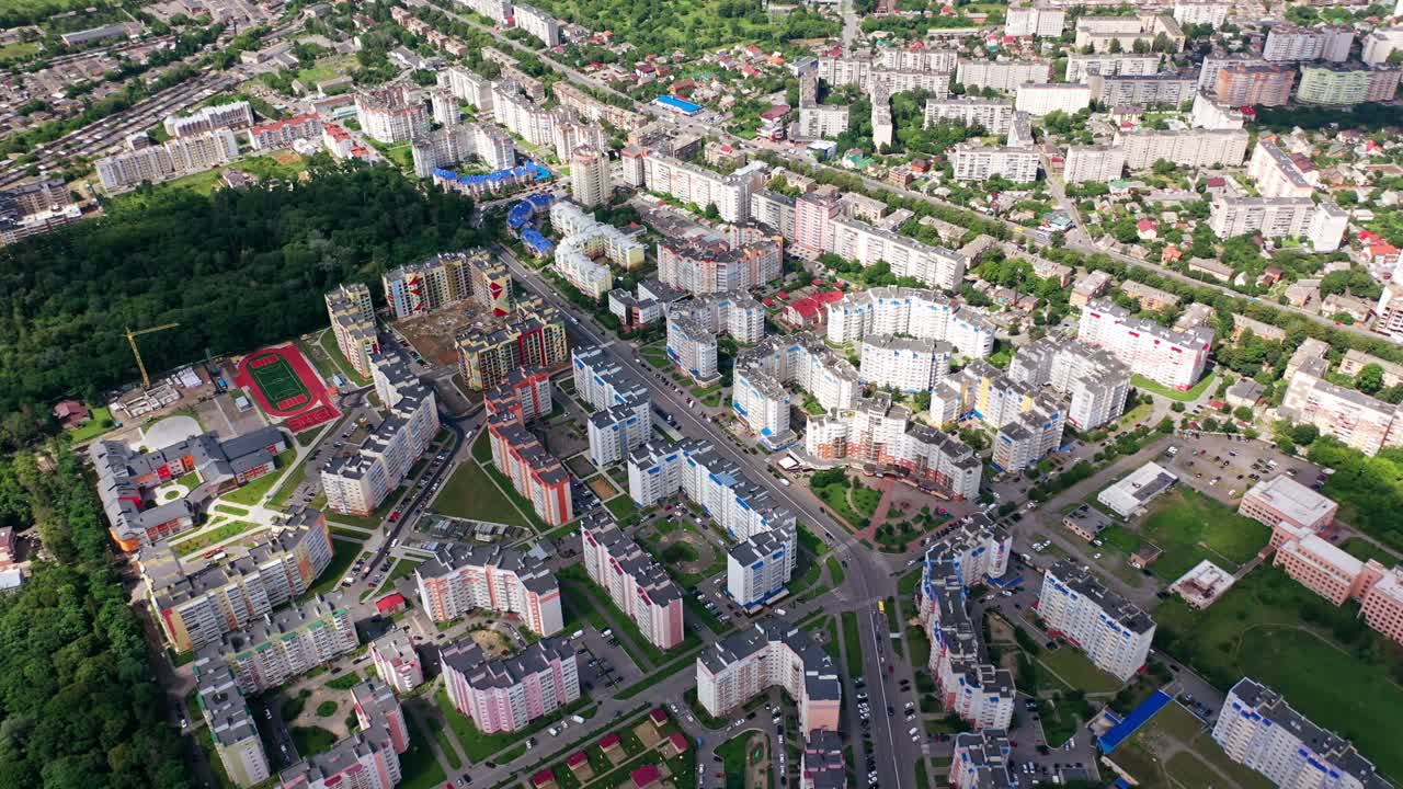 High-rise buildings in the city. Modern architecture on the urban background. Amazing view of a cityscape. Top down view.