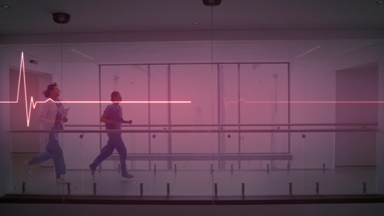 Animation of heart rate monitor over female doctor and health worker running in hospital corridor