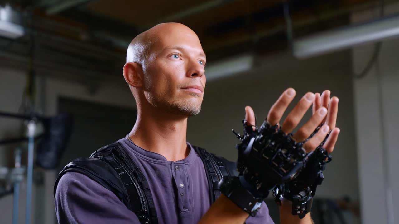Una persona concentrata mostra una tecnologia avanzata di mano robotica, mettendo in evidenza l'interazione tra l'intento umano e la precisione meccanica in un ambiente da studio