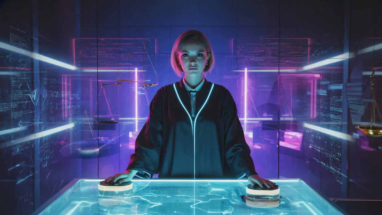 Futuristic Cyberpunk Judge in Digital Courtroom