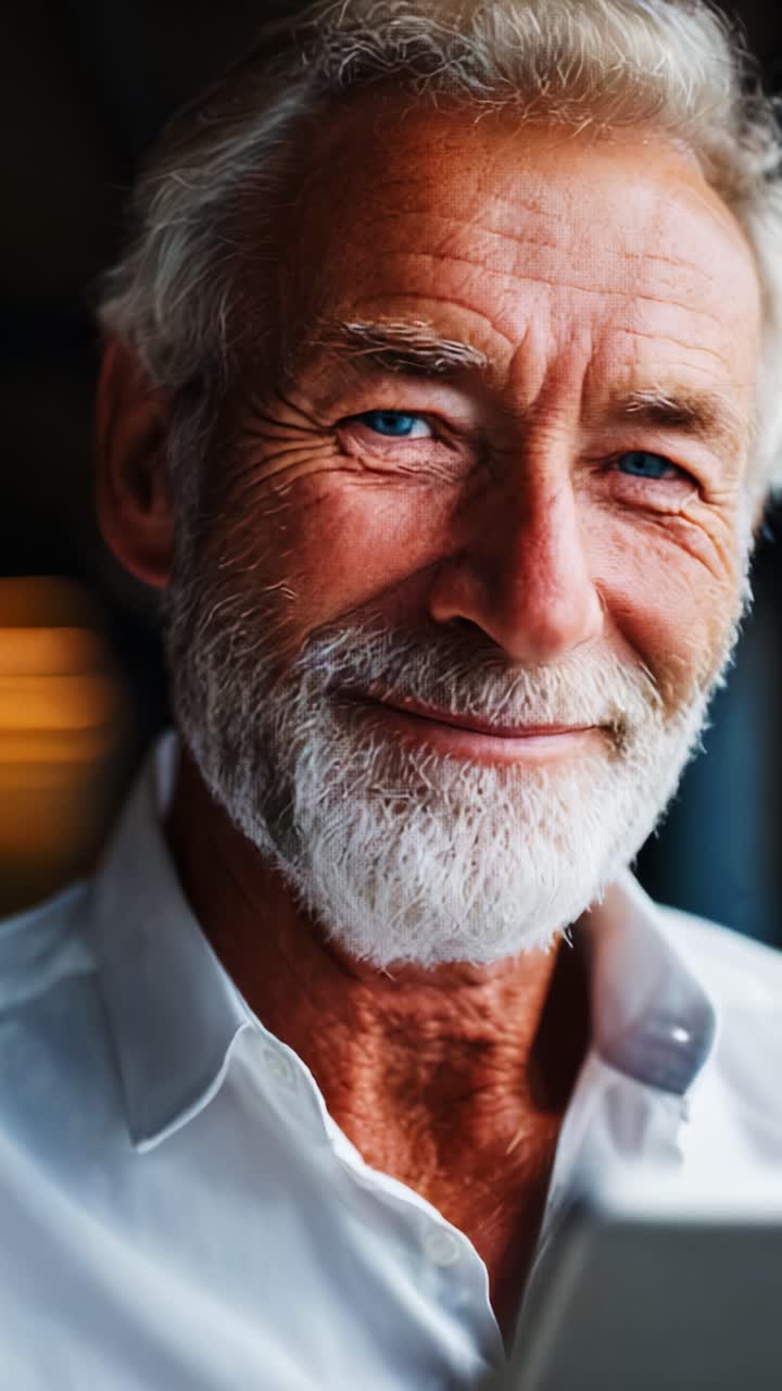 Retrato cativante de um homem idoso com um sorriso encantador e olhos azuis brilhantes, transmitindo sabedoria e alegria em um ambiente sereno