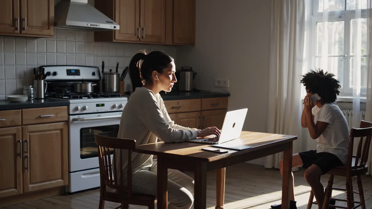 Mother working from home while child is using phone