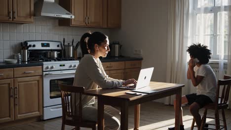 mother working from home while child is using phone
